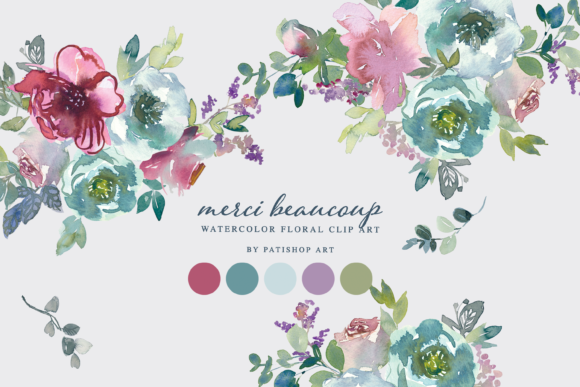 Watercolor Mint Mauve Floral Clipart