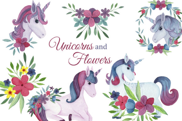 Watercolor Unicorns and Pink Floral Clipart